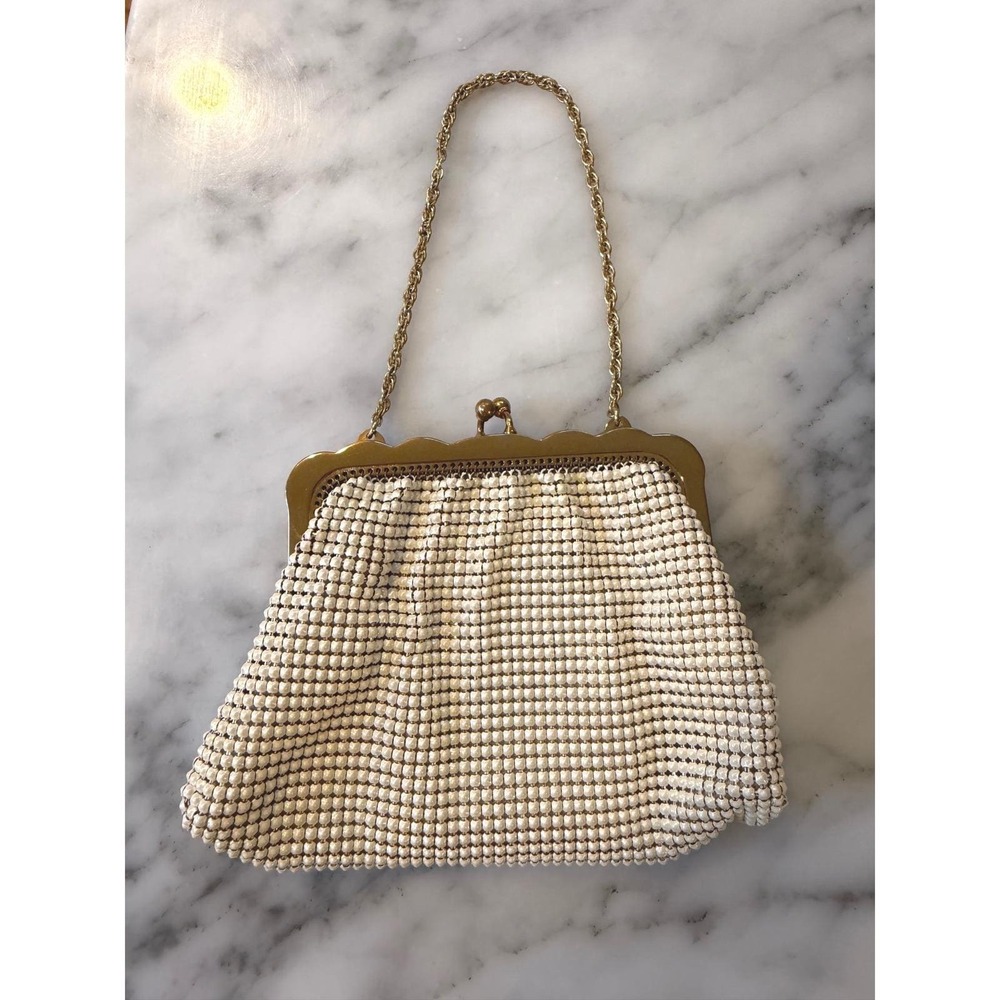 Whiting & Davis 2920 VTG 50s Ivory Enamel Mesh Evening Bag Gold Kiss Clasp USA
